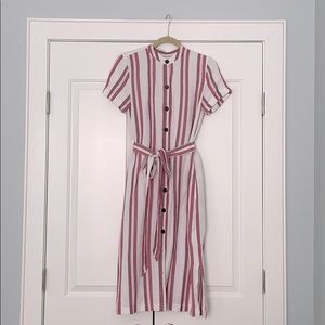 Striped linen belted midi dress.